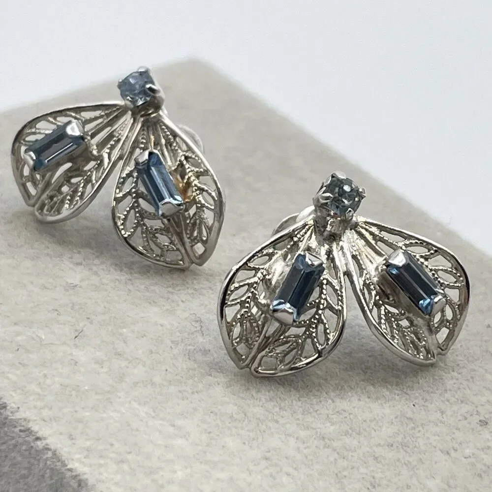 Silver Tone Screw Back Earrings Blue Rhinestone Filigree Butterfly Shape Boho